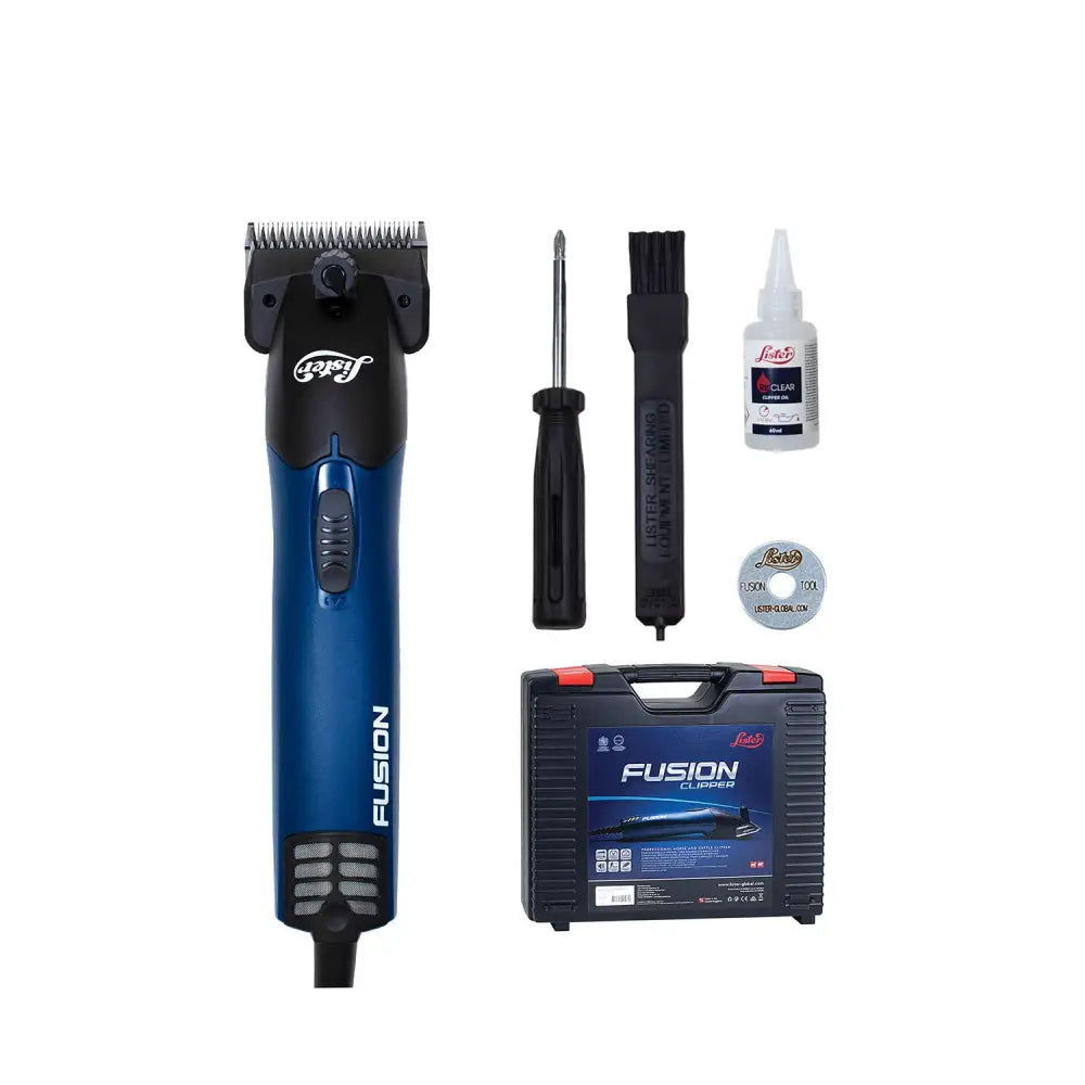 Blue and black electric lister fusion equine clipper kit featuring fusion branding for professional horse clippers use