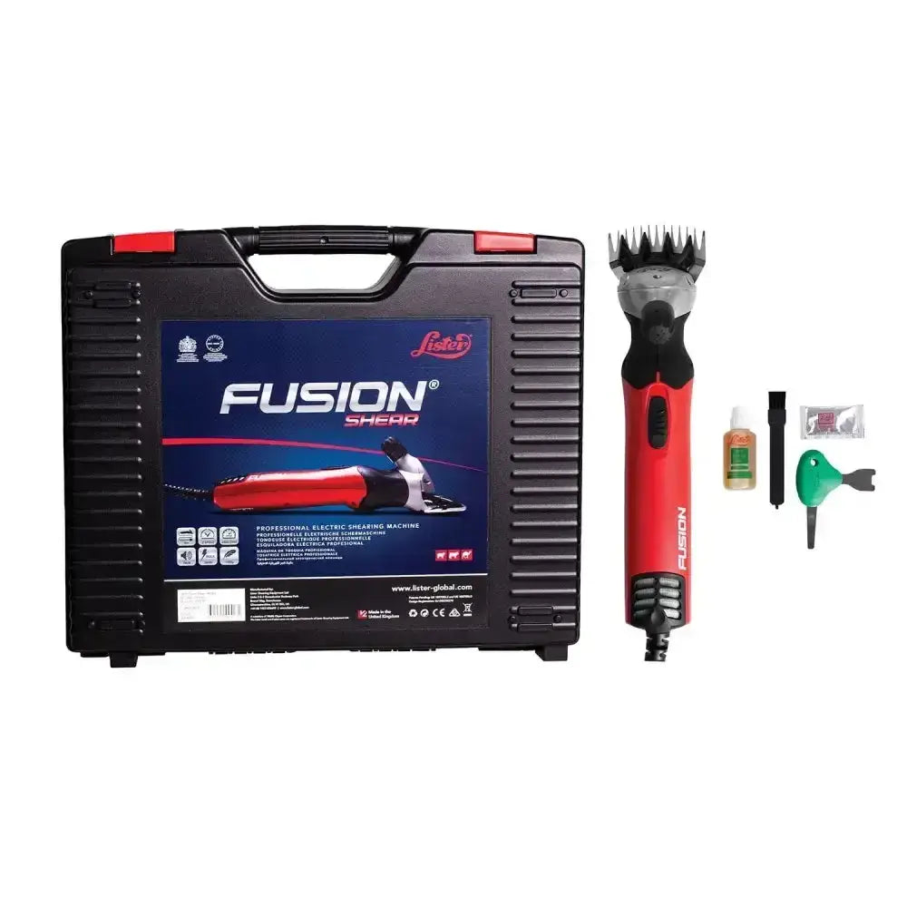 Red and black lister fusion shear electric clipper with silver blade head perfect for grooming in shear clipper kit