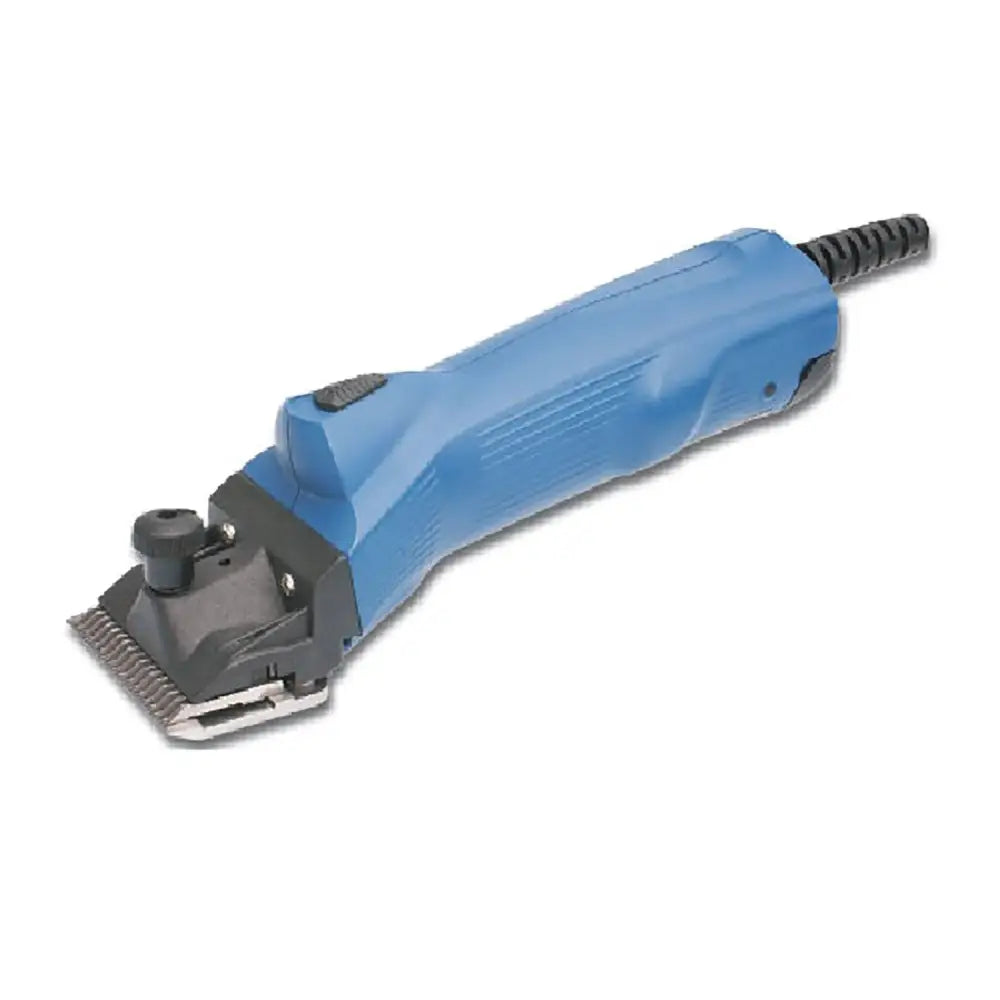 Blue electric lister legend clipper with black accents and metallic cutting blade for professional grooming use