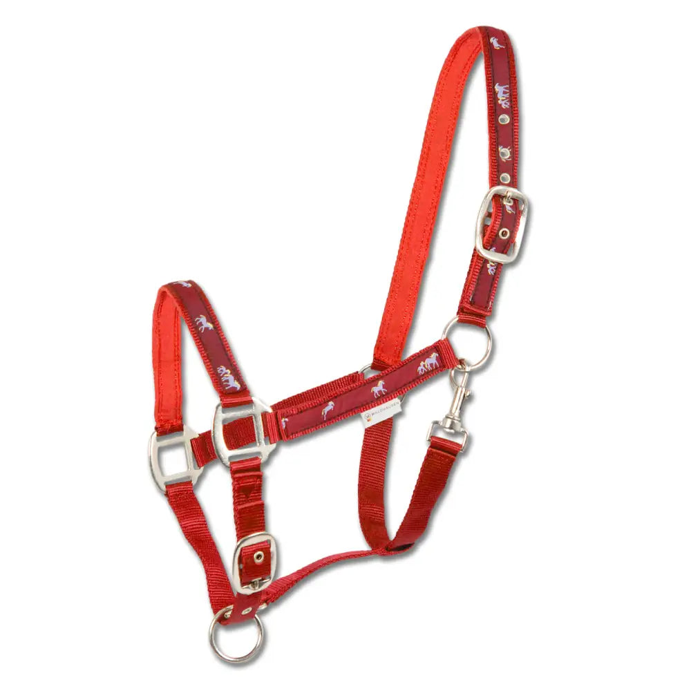 Red little horse halter with white horse silhouettes and silver buckles perfect for equestrian horses