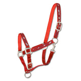 Red little horse halter with white horse silhouettes and silver buckles perfect for equestrian horses
