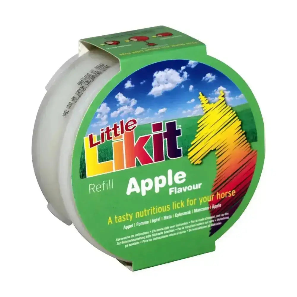 Green and white cylindrical container of little likit apple flavour horse lick refill for likit horse treats 250g