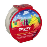 A red and white cylindrical container of little likit cherry flavour likit horse treats with a yellow horse silhouette