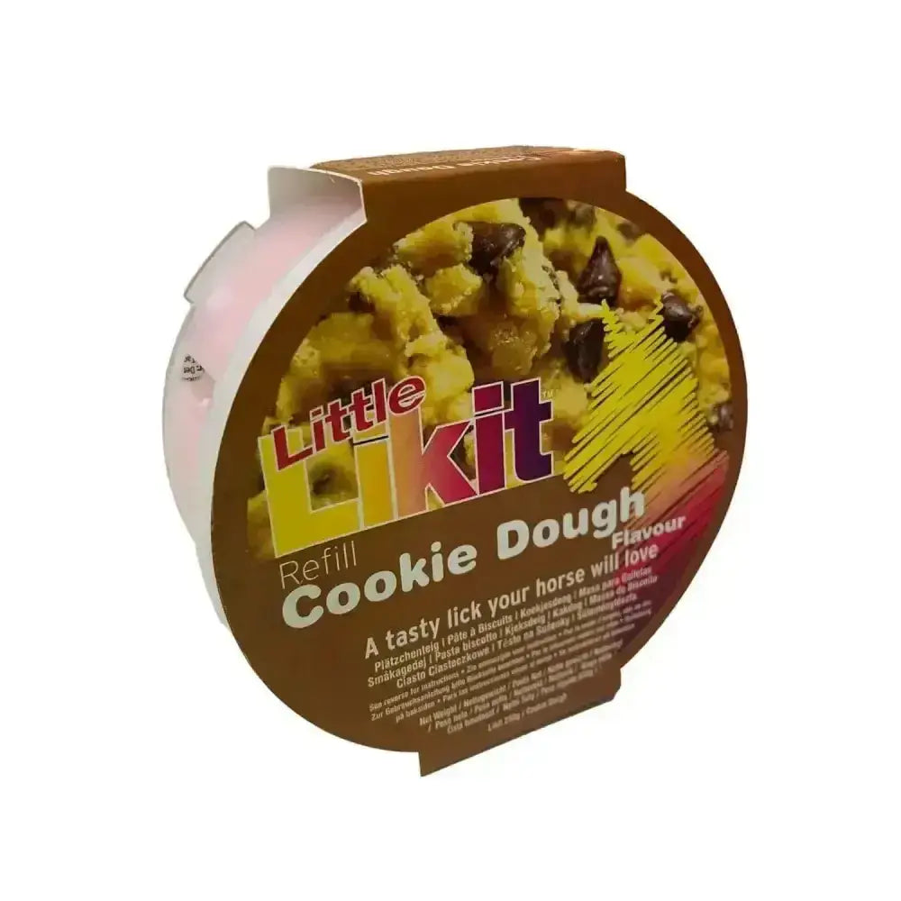 Brown and white circular container of likit horse treats refill in little kit cookie dough flavor 250g horse treat