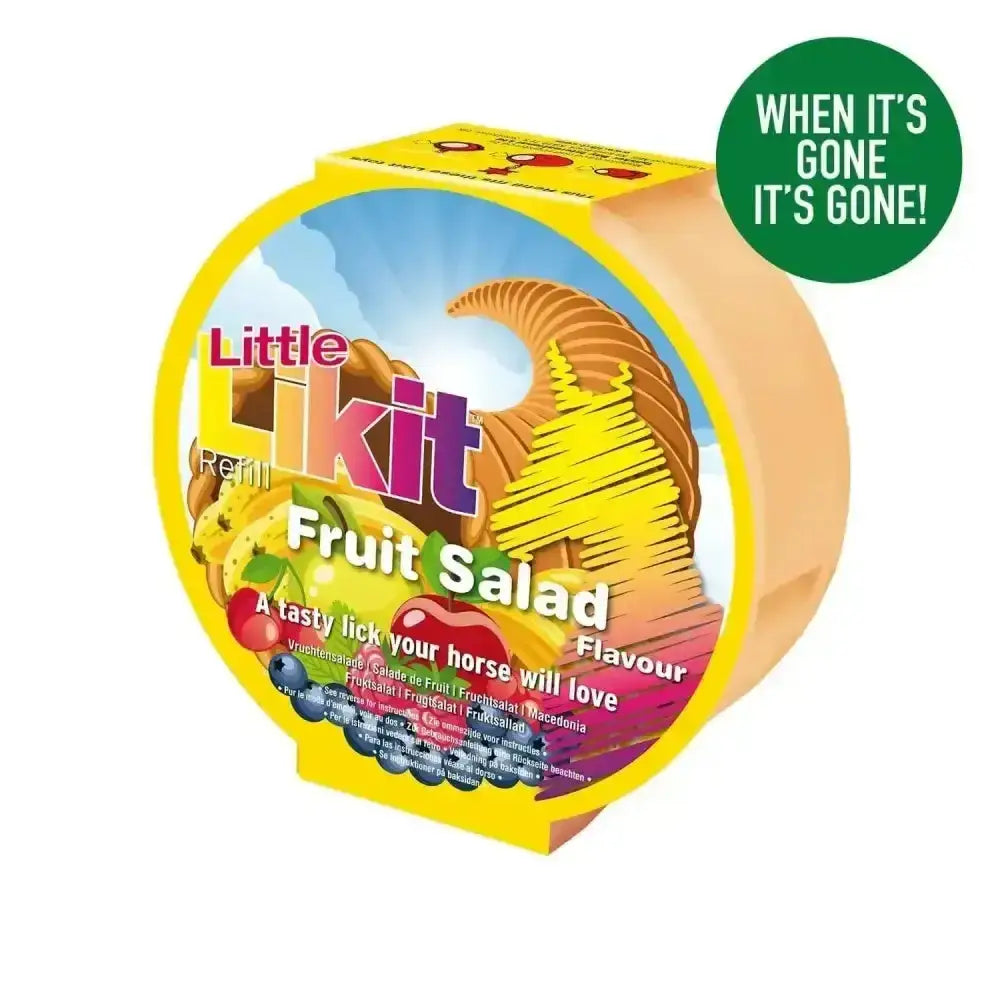 Yellow circular container of little likit fruit salad 250g refill for likit horse treats snack