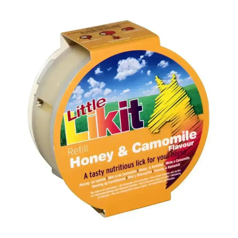 Orange and yellow labeled little likit horse treats 250g honey and camomile flavored pet lick roll