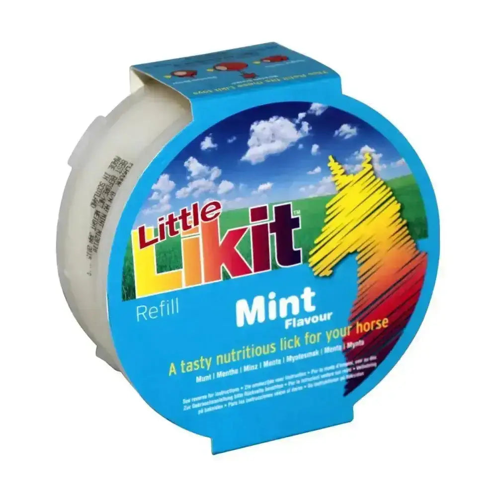 Blue and yellow circular package of little likit mint flavour horse lick refill for likit horse treats 250g