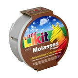 Brown and gray cylindrical container of little likit molasses flavour horse lick refill for likit horse treats 250g