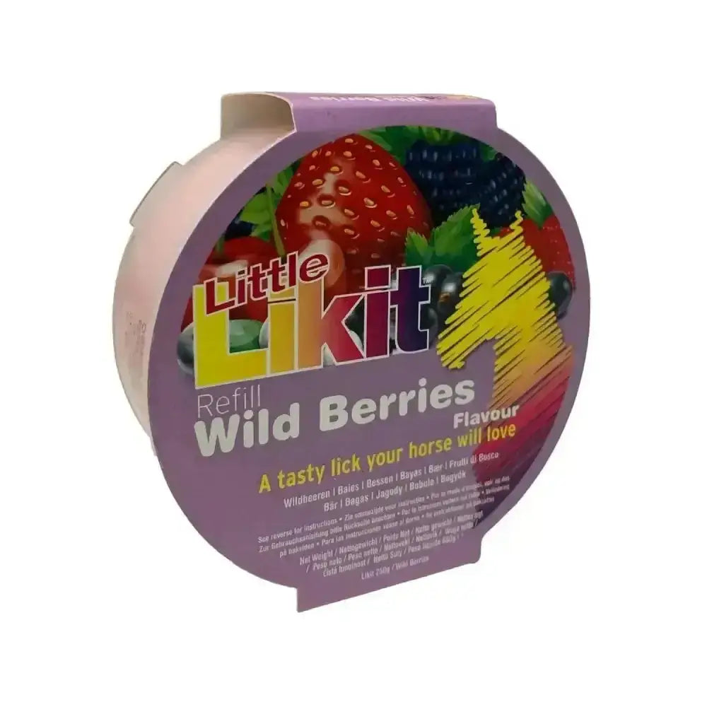Purple circular container of little likit wild berries horse treat refill for likit horse treats 250g pack