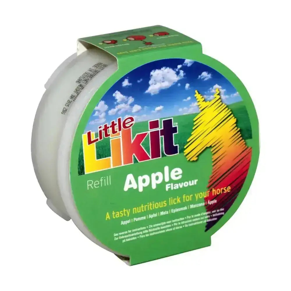 Green and white cylindrical container of little likit apple flavour horse lick refill for mouth-wateringly tasty likit horse treats