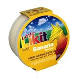 Yellow-packaged little likit banana flavored lick refill with horse silhouette label for mouth-wateringly tasty likit horse treats