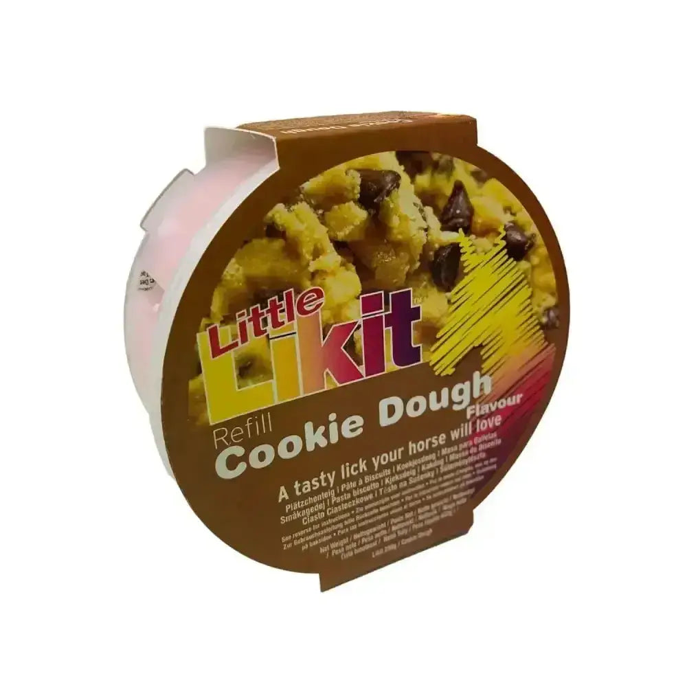 Brown and white circular container holding mouth-wateringly tasty likit horse treats chocolate chip cookie dough refill