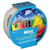 Blue and white cylindrical container of little likit mint flavour horse lick refill for mouth-wateringly tasty likit horse treats