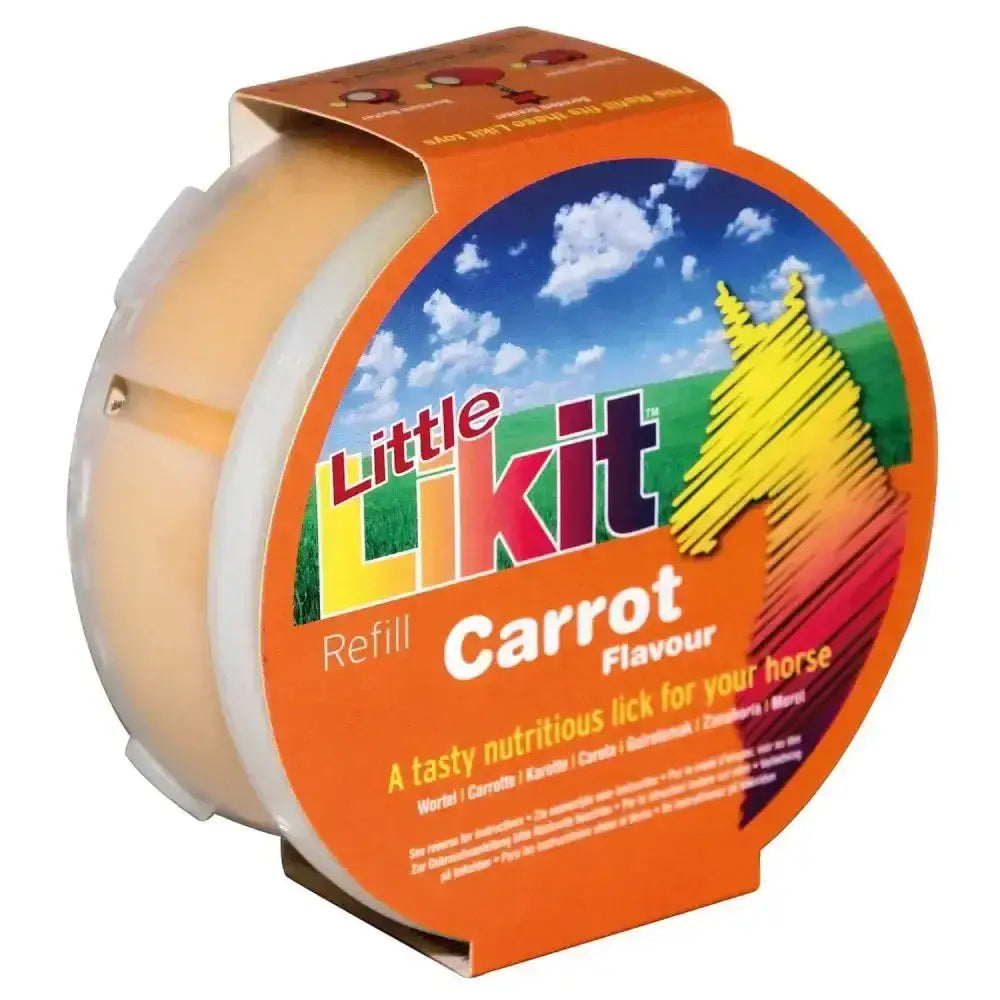 Orange-packaged little likit carrot-flavored horse lick refill roll for mouth-wateringly tasty likit horse treats bulk buy