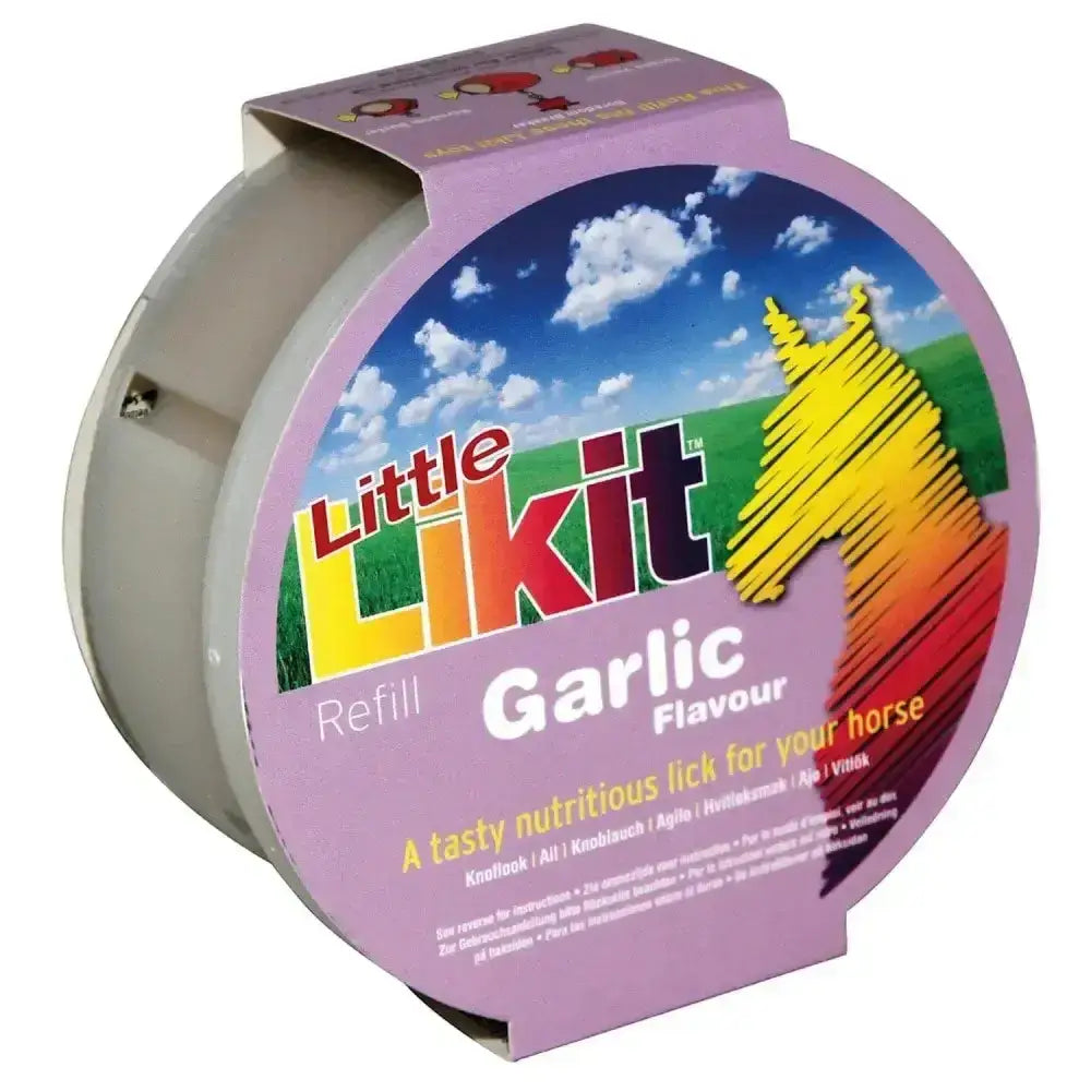 Purple and white cylindrical refill container of little likit garlic flavour likit horse treats for mouth-wateringly tasty likit toys