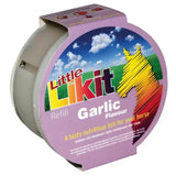 Purple and white cylindrical refill container of little likit garlic flavour likit horse treats for mouth-wateringly tasty likit toys
