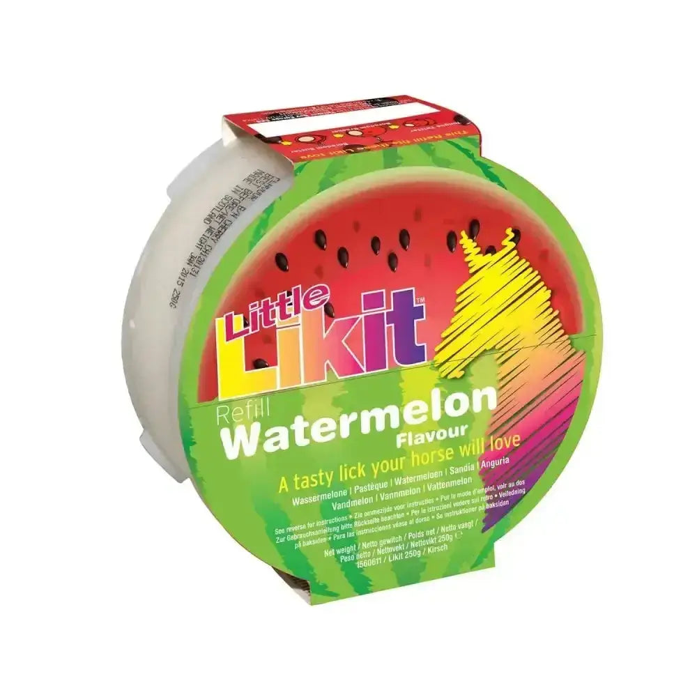 A vibrant green and red watermelon-themed little likit refill container for mouth-wateringly tasty likit horse treats