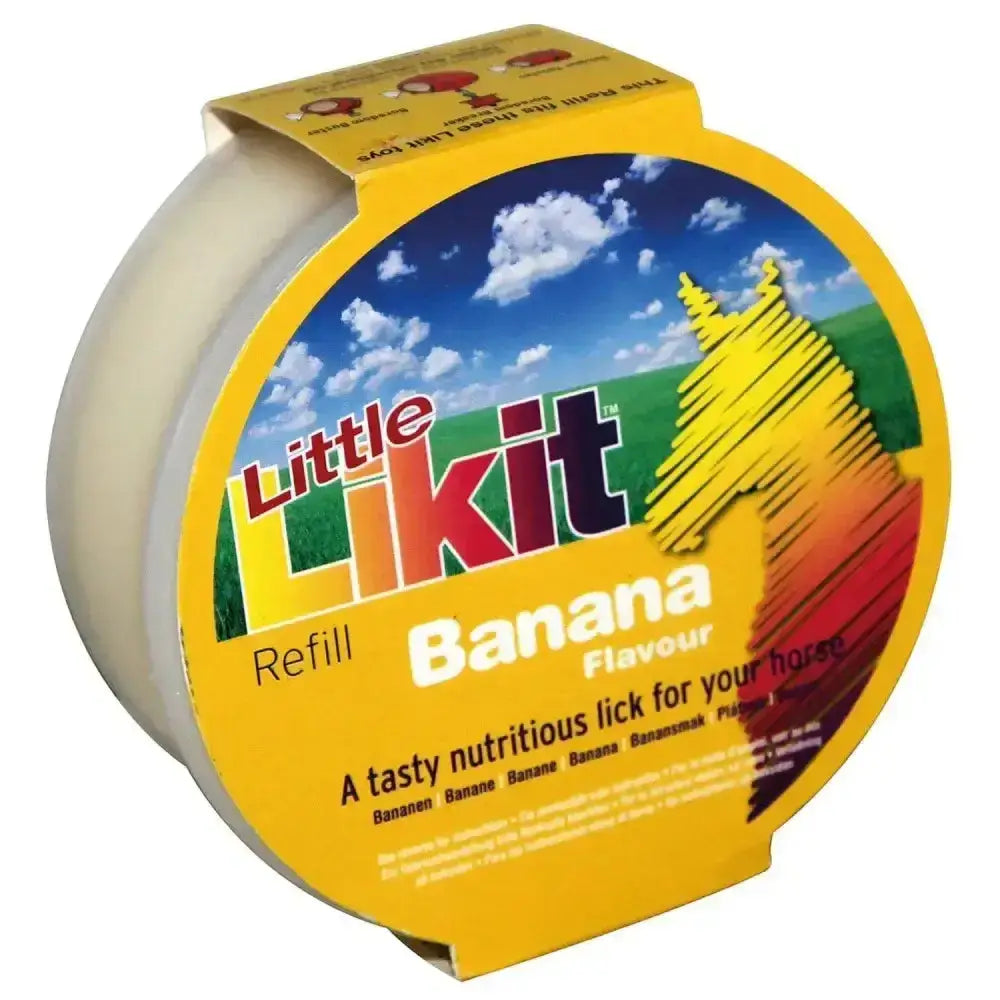 Yellow cylindrical container of little likit banana flavour horse lick refill for mouth-watering likit horse treats