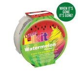 A vibrant green and red watermelon-themed refill container for mouth-wateringly tasty likit horse treats with black seed details