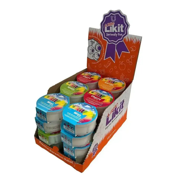 Orange and white display box filled with colorful little likit original assortment candy cups for boredom breaker fun