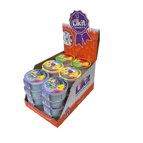 Orange and purple display box with multiple small round containers of likit summer assortment horse treats