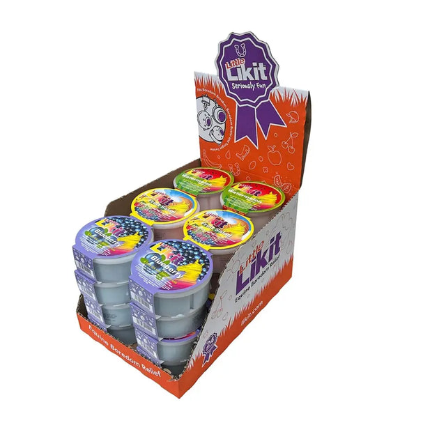 Orange and purple display box with multiple small round containers of likit summer assortment horse treats
