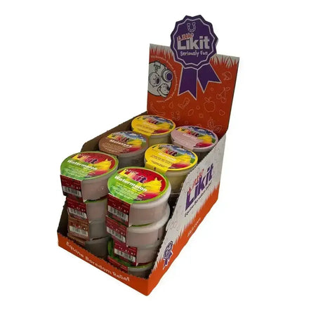 Orange and white display box with likit tropical assortment containing coloured 250gm licks for horses