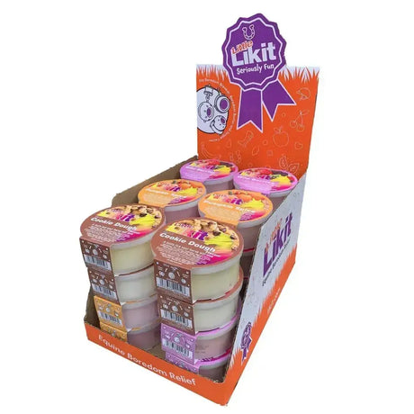 Orange and purple branded display box with round little likit cookie dough sensory gel containers in likit winter assortment