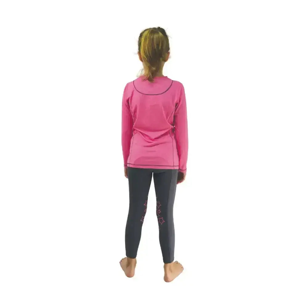 Vibrant pink long-sleeved rider base layer with black trim and subtle leg pattern for active child riding apparel