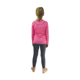 Vibrant pink long-sleeved rider base layer with black trim and subtle leg pattern for active child riding apparel