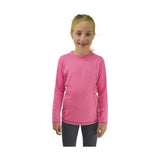 Pink long-sleeved rider base layer with black trim and side seams perfect for active child riding apparel