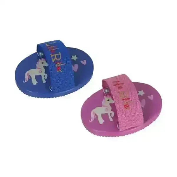 Little rider rider curry combs in blue and pink with unicorn design and elastic straps for horse grooming