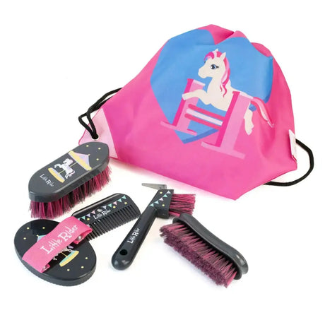 Pink and blue drawstring bag with white unicorn design for little rider grooming kit complete grooming kit drawstring use