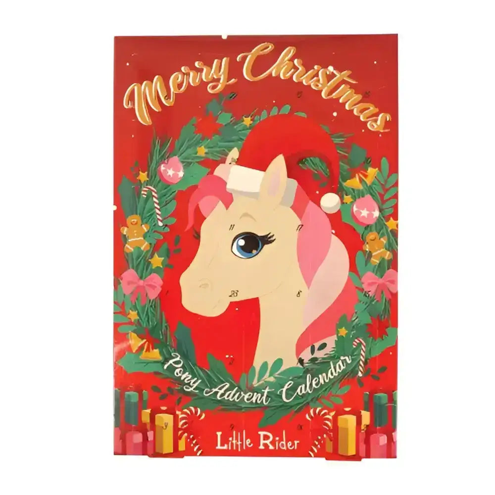 Red merry christmas rider pony advent calendar by little rider with cartoon pony in santa hat and festive wreaths
