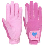 Pink children’s riding gloves with soft leather palm breathable mesh back and cute unicorn patch for pony children riding