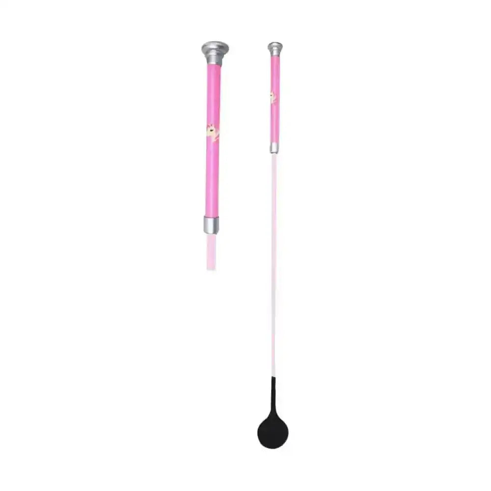 Pink and white little rider pony whip with silver metal tips and cute cartoon design on the pink handle for equestrian use