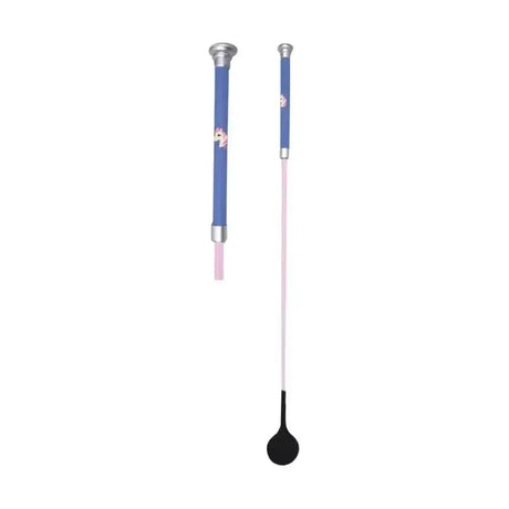 Little rider little show pony whip with blue and white shaft, silver handle, pink grip, black leather tip, and unicorn detail