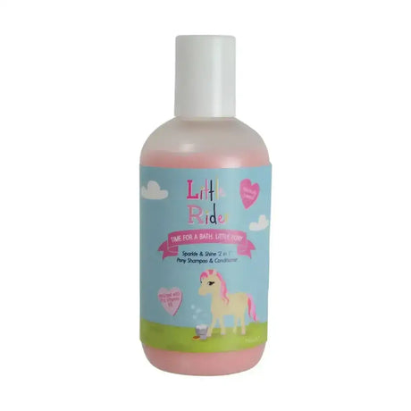 Pink pony shampoo and conditioner in clear bottle with blue label featuring cartoon ponies sparkle and shine added conditioner formulated