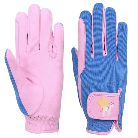 Back view of pink and blue childrens riding gloves with unicorn strap from rider star brilliant glove series