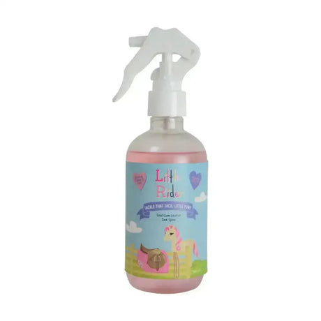 Pink liquid leather tack spray with a white trigger from little rides featuring cartoon ponies and hearts on the label