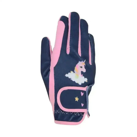 Back of navy blue and pink little unicorn riding gloves with a unicorn design for unicorn loving riders
