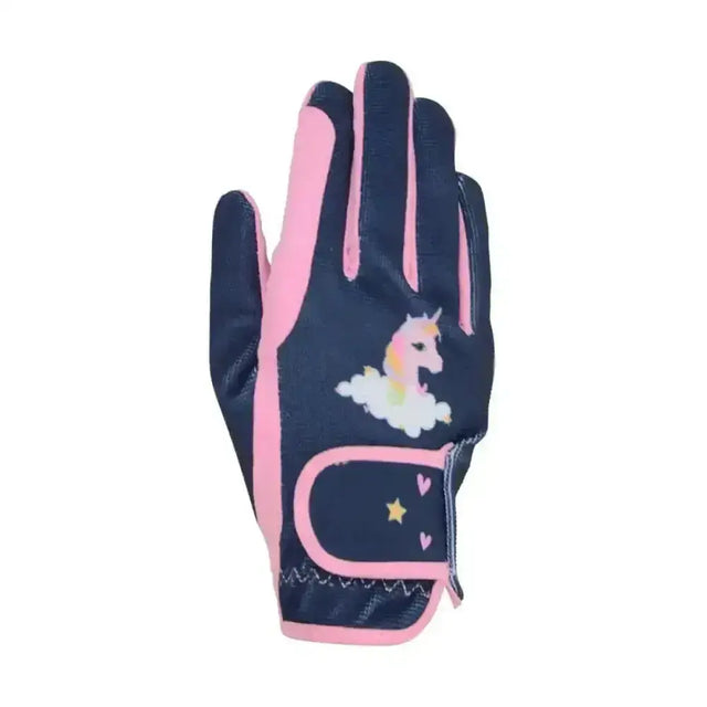Back of navy blue and pink little unicorn riding gloves with a unicorn design for unicorn loving riders