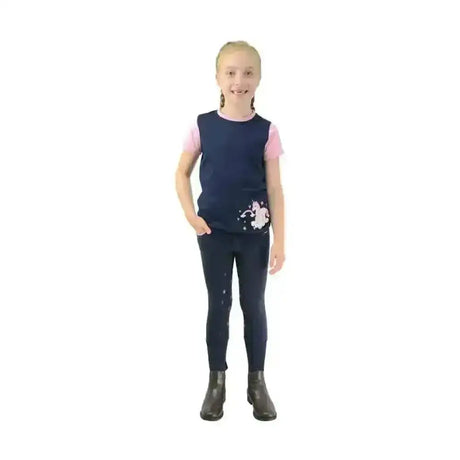 Navy blue sleeveless top with pink short sleeves and white unicorn graphic paired with comfortable unicorn breeches made from bi-stretch material for riding