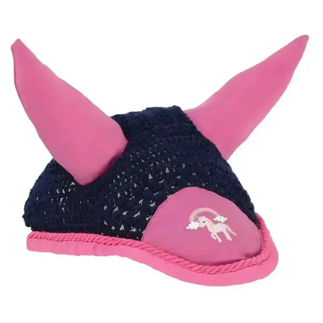 Pink and navy blue crocheted horse ear bonnet with unicorn patch made with quality close-knit crochet unicorn fly veil