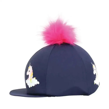 Navy blue unicorn hat cover with white unicorn prints and pink fluffy pom-pom for riding hats by little rider