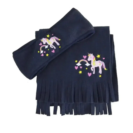 Black fleece scarf with embroidered unicorn rainbow stars and hearts pastel colors part of little rider unicorn head band set