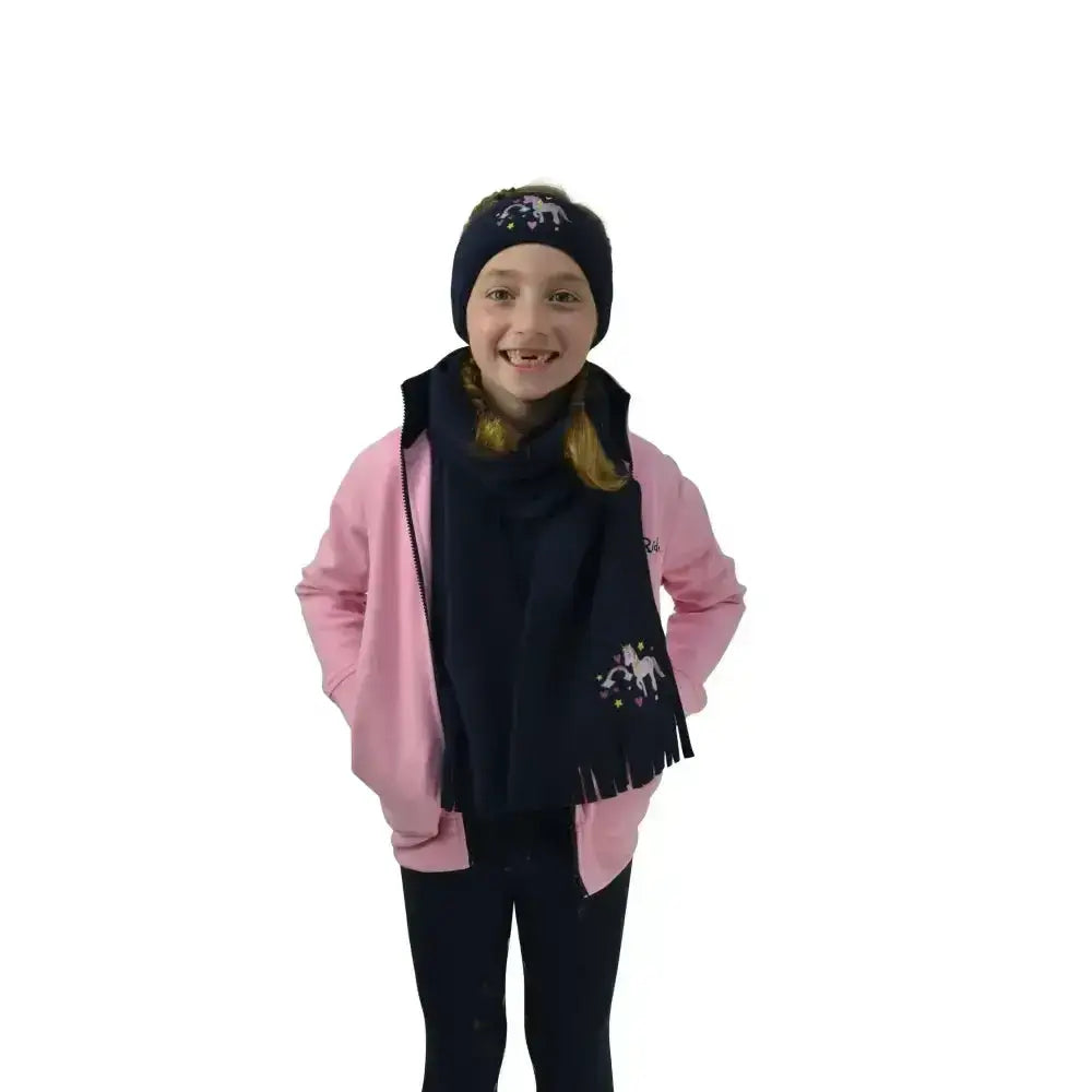 Navy blue super-soft fleece scarf with white unicorn embroidery and fringe from little rider unicorn head band set