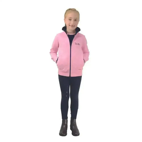 Pink zip-up unicorn jacket by little rider with black lining embroidered logo made of fun durable fleece to feel magical
