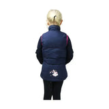Navy blue padded gilet with pink trim and white unicorn embroidery on back from little rider unicorn padded gilet