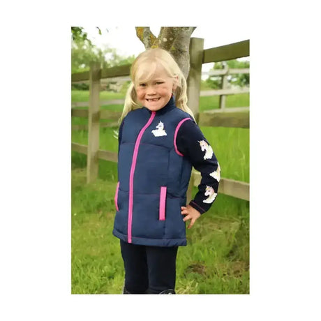 Navy blue padded gilet with pink zipper and unicorn embroidery on chest and sleeves from little rider